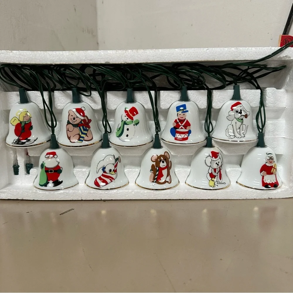 Vintage White Ceramic Bell Christmas Tree String Lights Working Cottage Retro